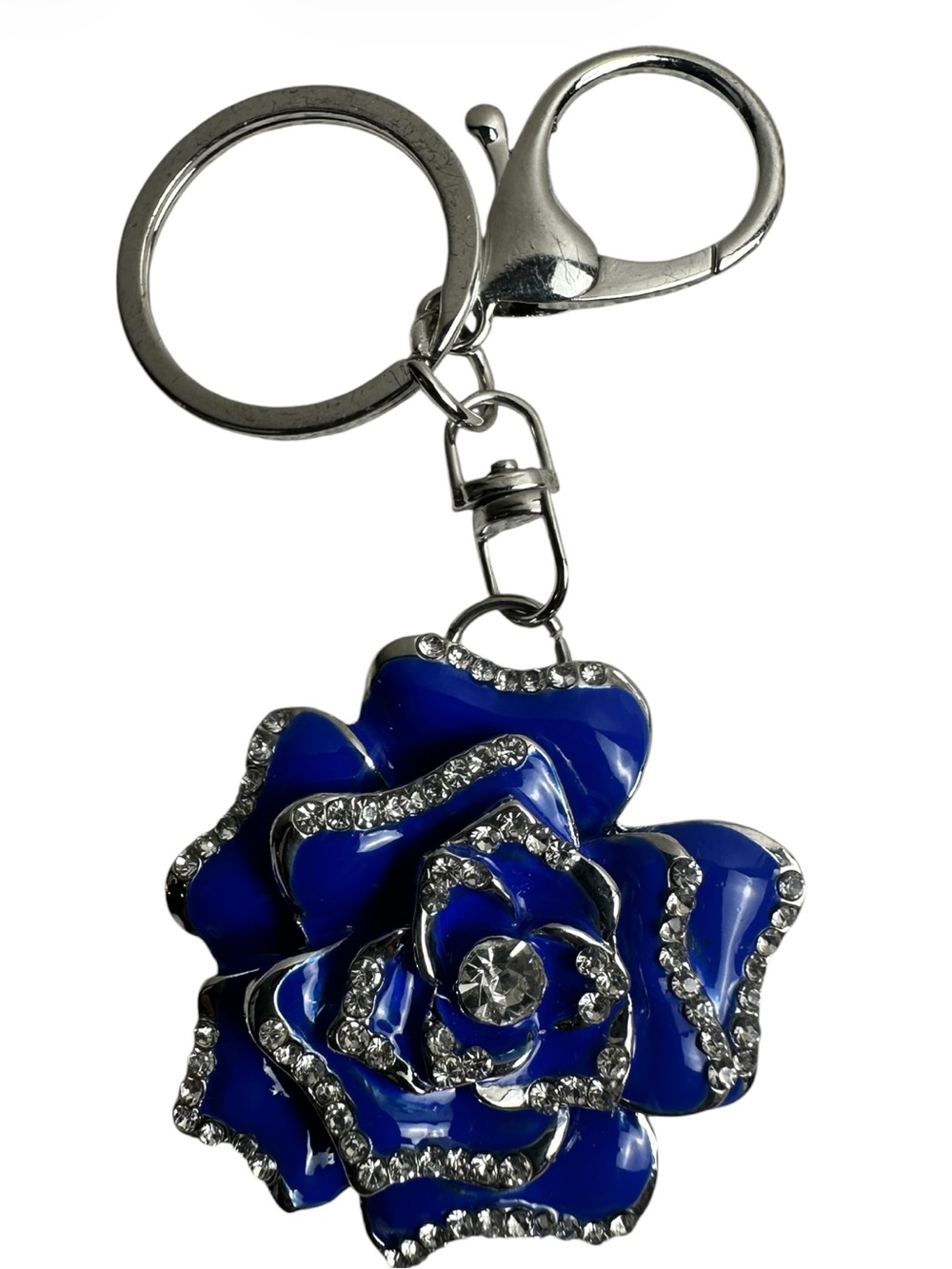 Blue Crystal Rose Keychain Charm